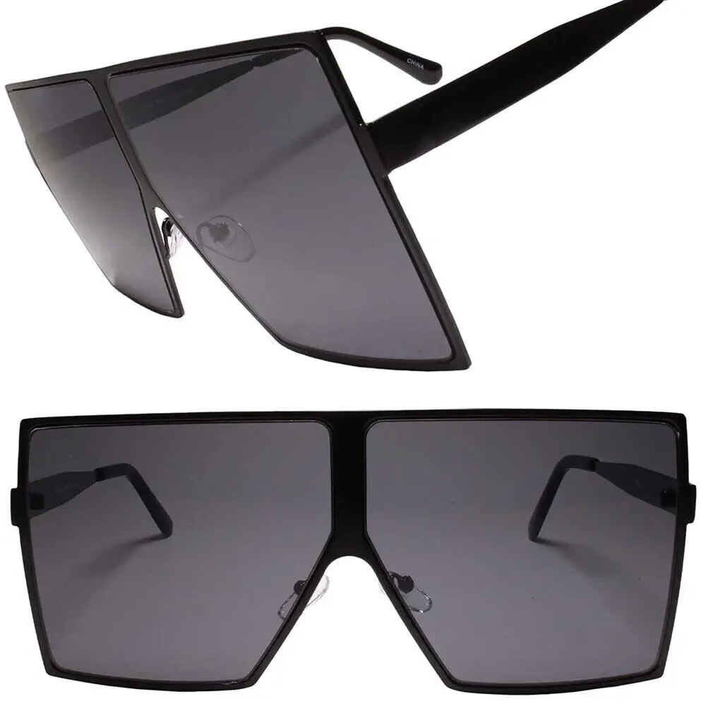 Contemporary Glam XXL Oversized Metal Square Black Sunglasses Women