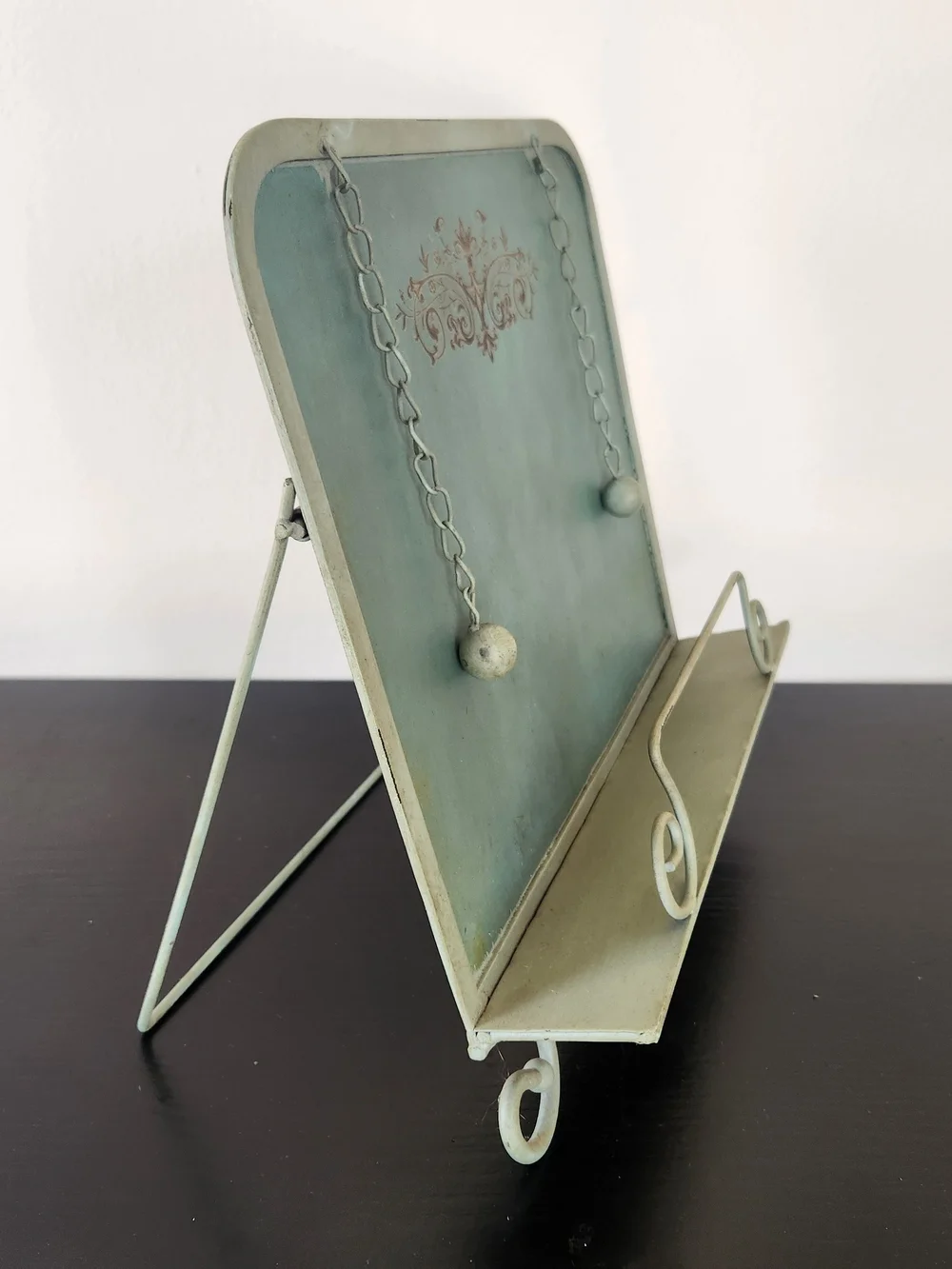 Cottagecore Shabby Chic Blue Decorative Cookbook Stand with Cream Scrollwork