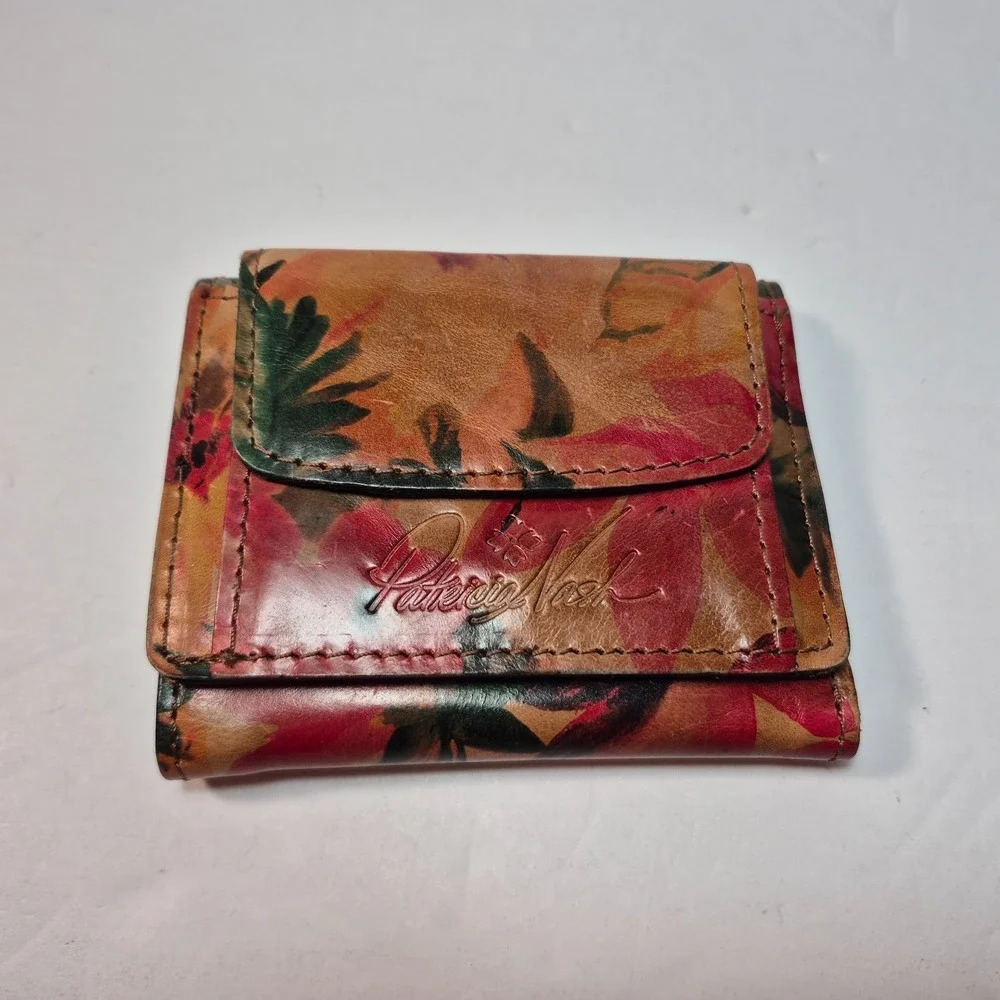 Patricia Nash Leather Libby Flap Wallet Brown Maroon Floral