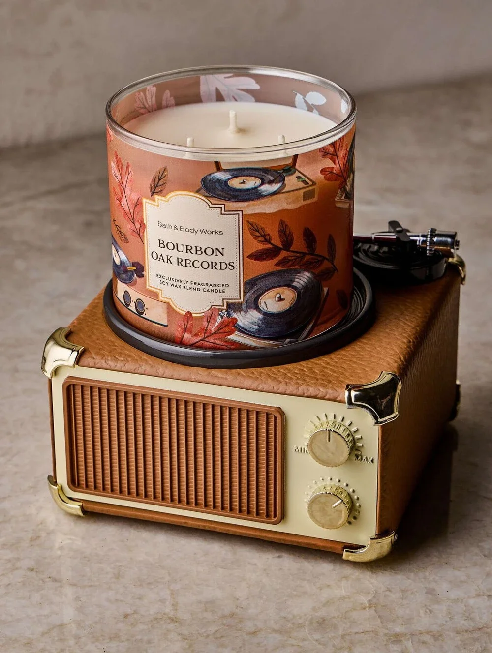 Bath & Body Works Record Player Candle Holder & Bourbon Oak Records Candle Set