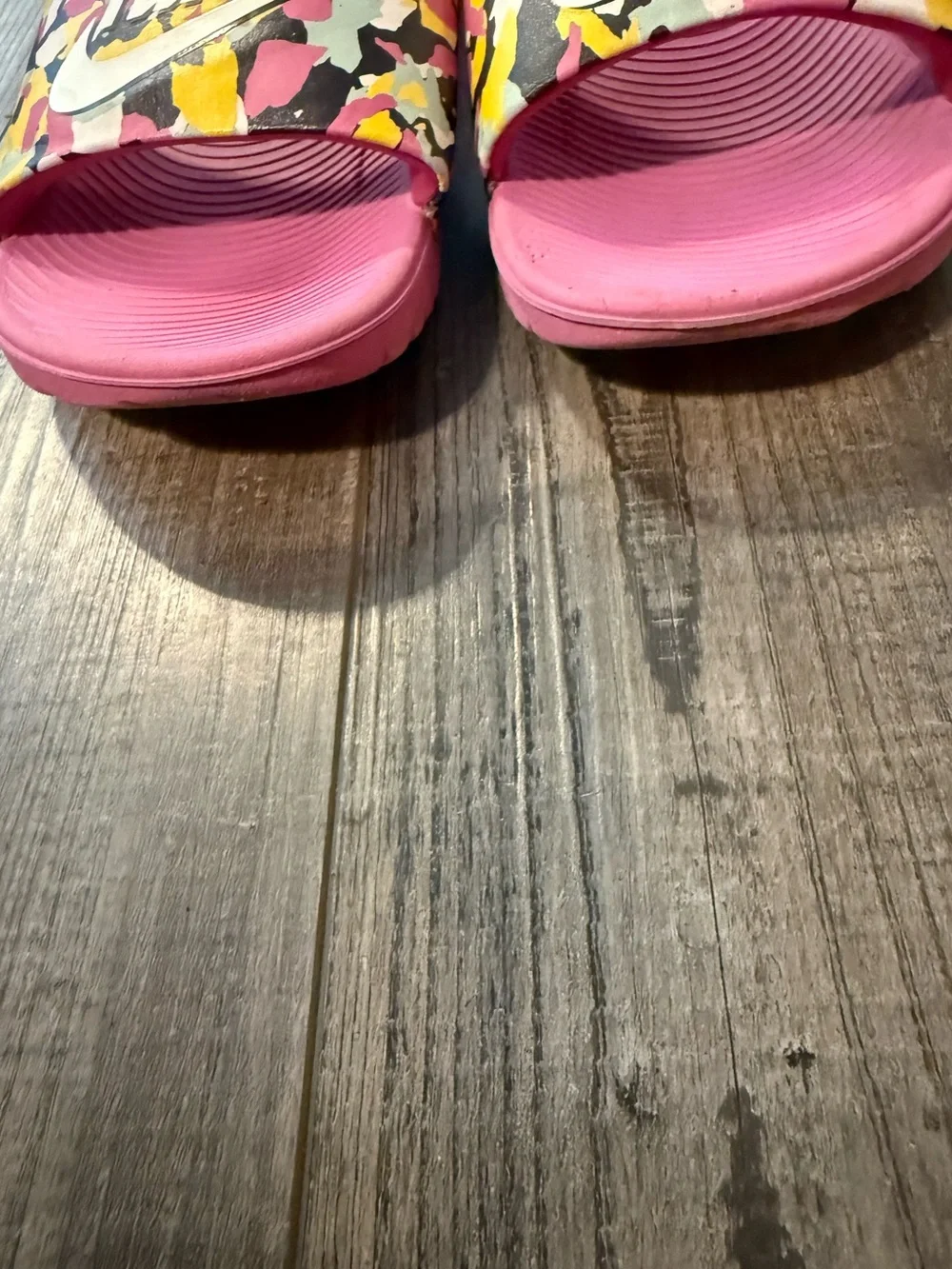 Nike Pink Slides with Yellow & Black Camo Strap