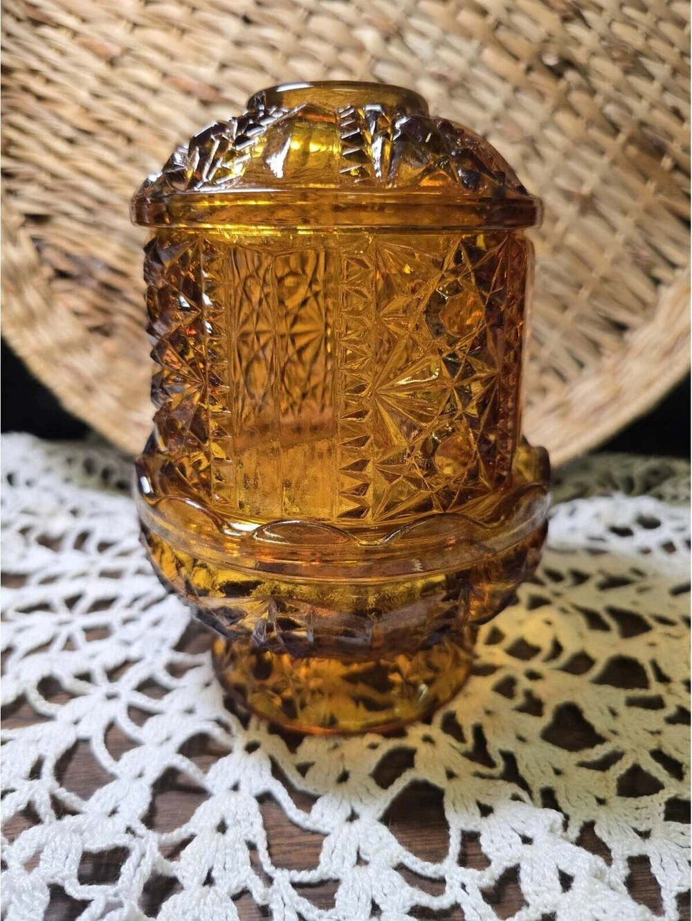 Vintage Indiana Glass 6.5” Amber Stars & Bars Fairy Lamp