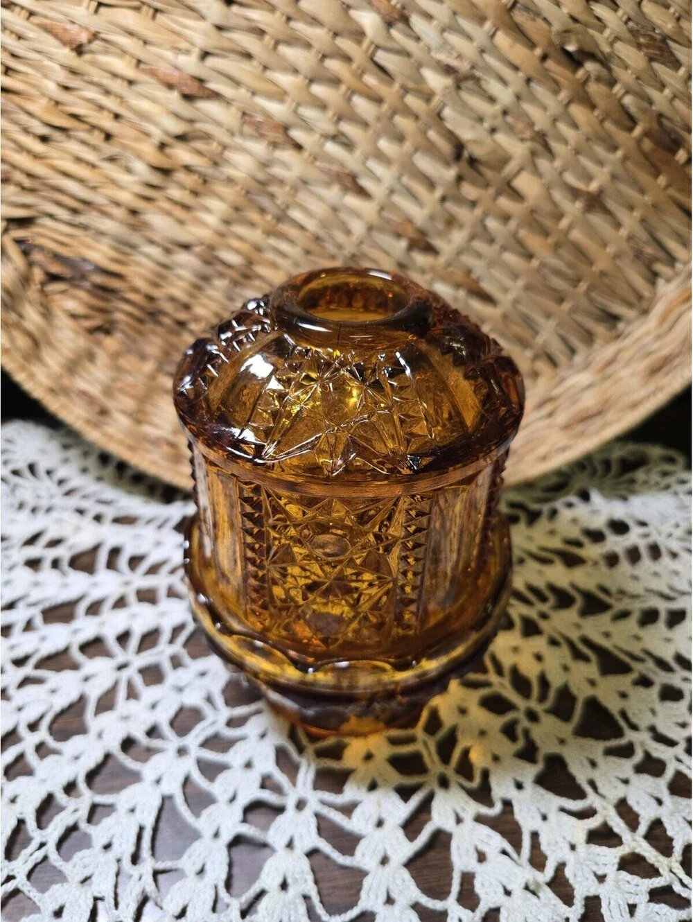 Vintage Indiana Glass 6.5” Amber Stars & Bars Fairy Lamp