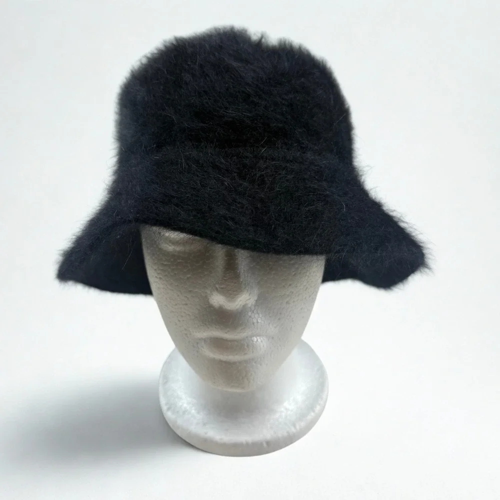 Fuzzy Bucket Hat Womens OS Black Angora Blend Soft Cloche D.N.Y Winter Chic