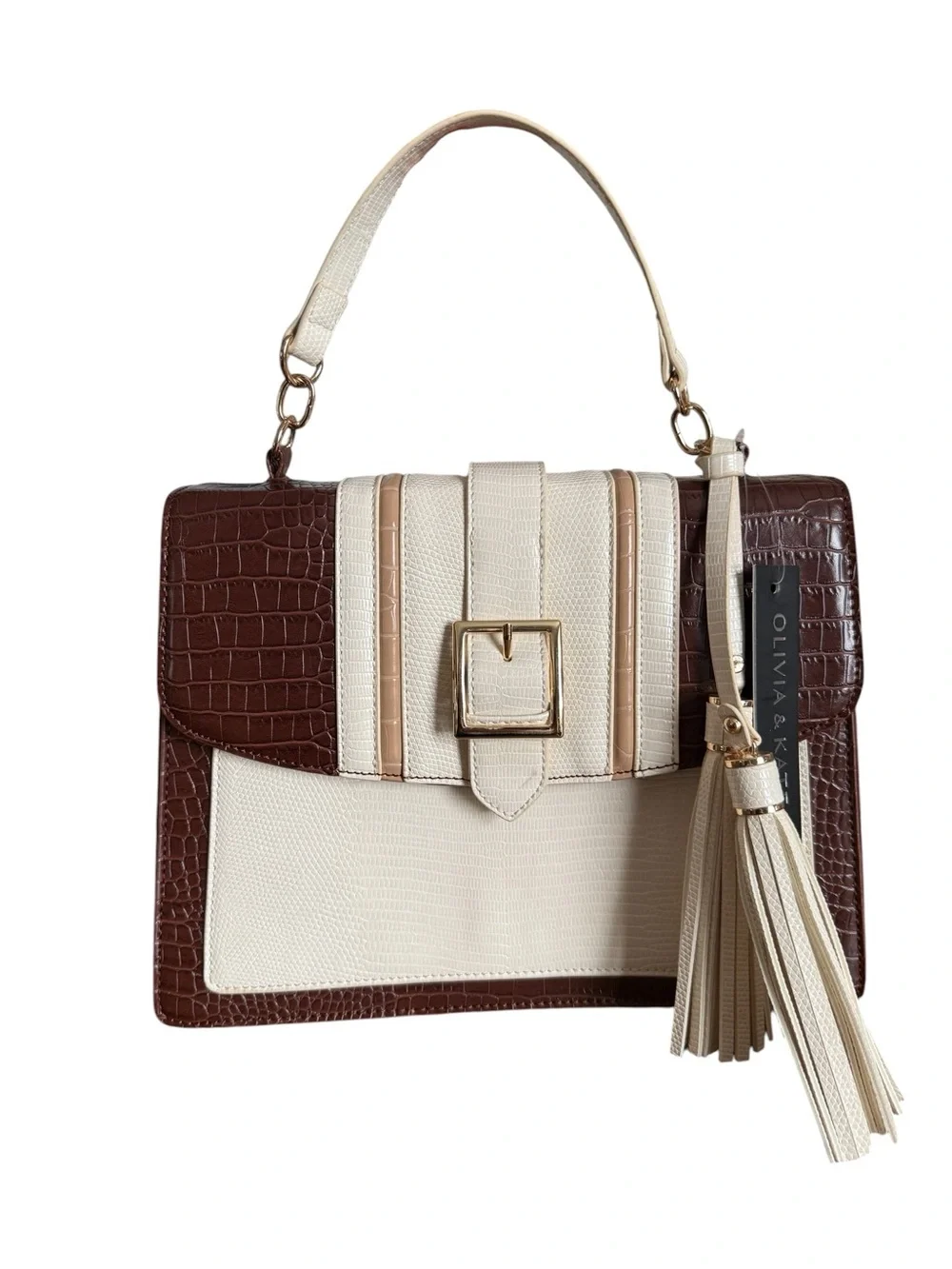 Olivia + Joy Brown and Cream Croc-Texture Top Handle Satchel
