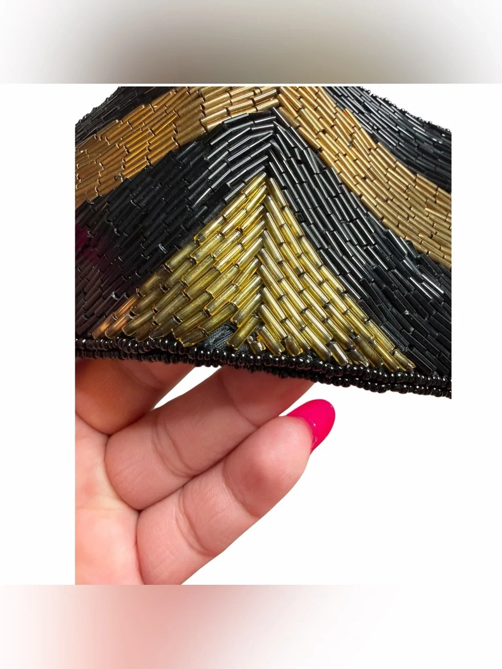 Vtg La Regale Black Gold Beaded Chevron Belt Wide Cummerbund Size L 80s