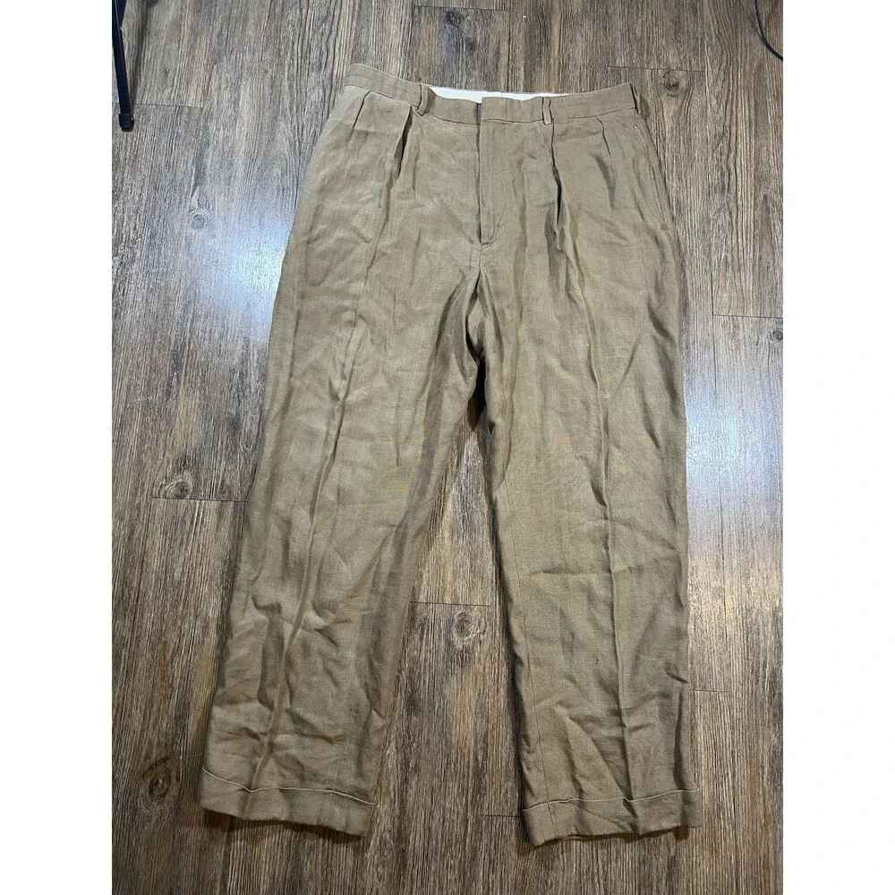Vintage Polo Ralph Lauren Cuffed Pleated Trouser Pants Beige 100% Linen 36x30