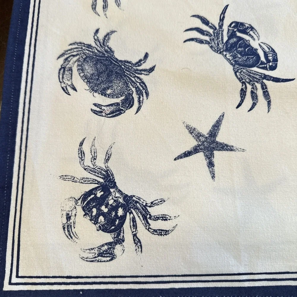 Fabric Placemats Set 4 Nautical Print Crabs Seastars Starfish White Blue Cloth