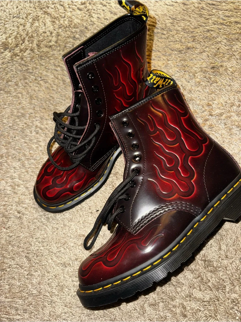 Dr. Martens Men's Burgundy and Black Flame Leather Boots
