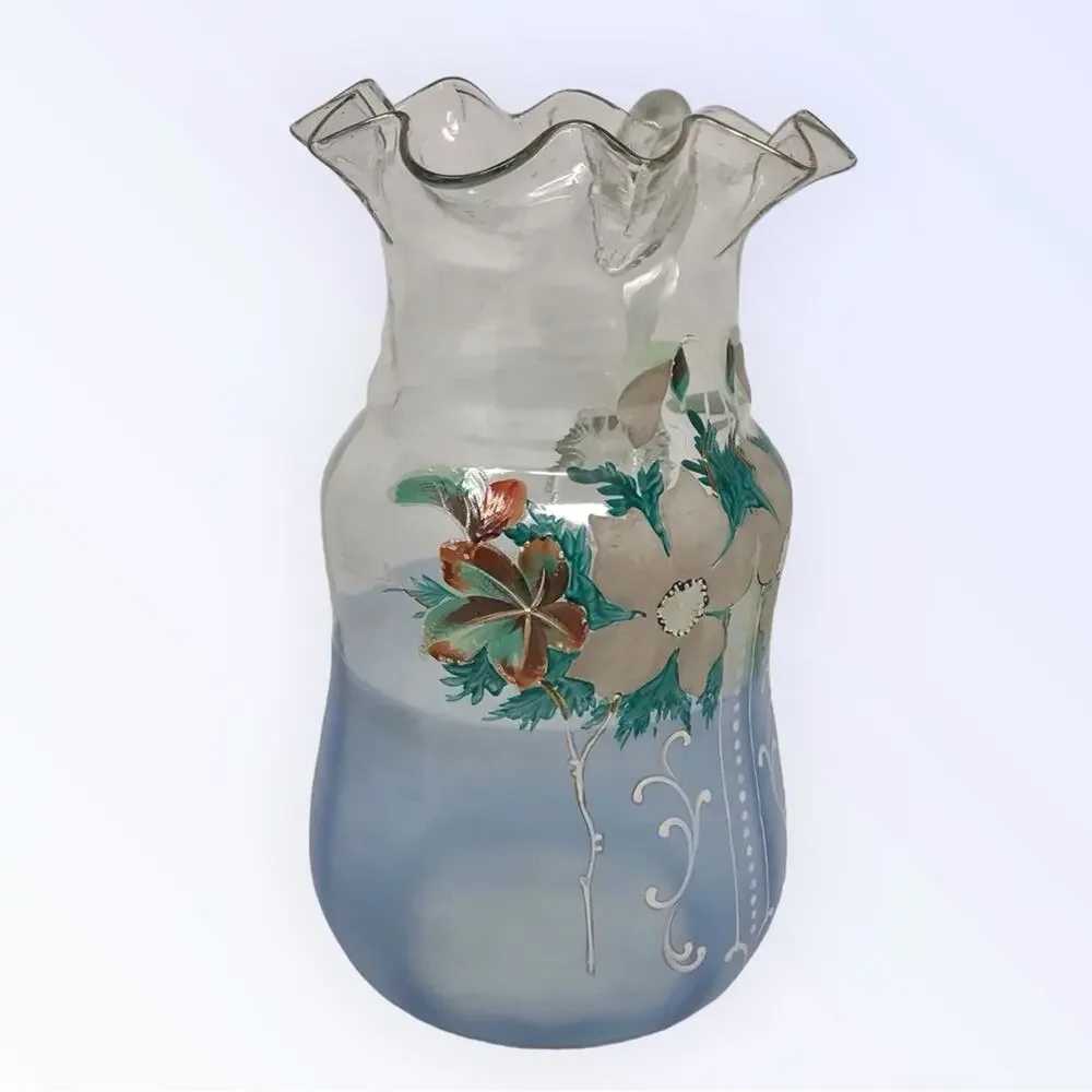 Victorian Hand Painted Pitcher Enameled  Blue Art Glass Floral Pitcher