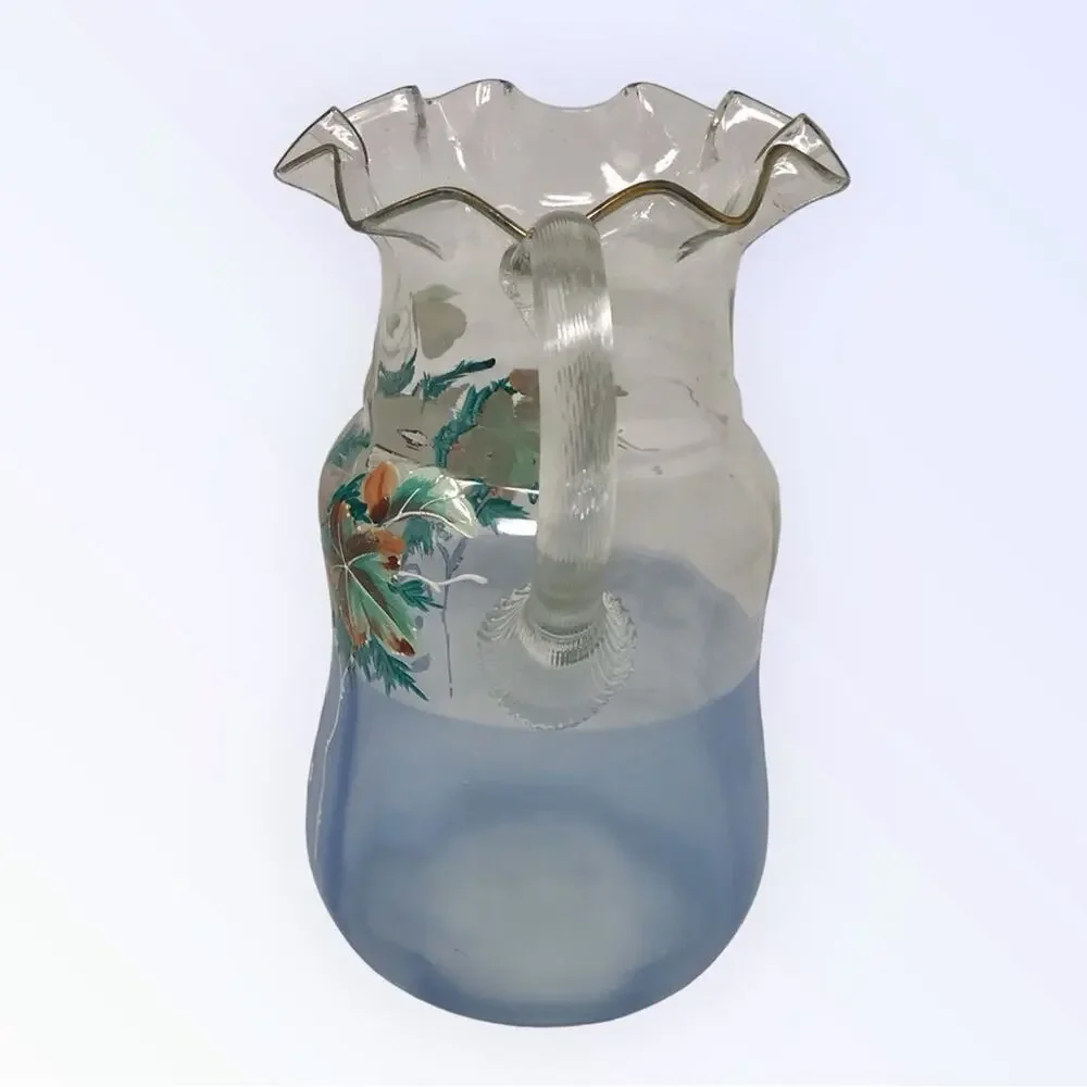 Victorian Hand Painted Pitcher Enameled  Blue Art Glass Floral Pitcher
