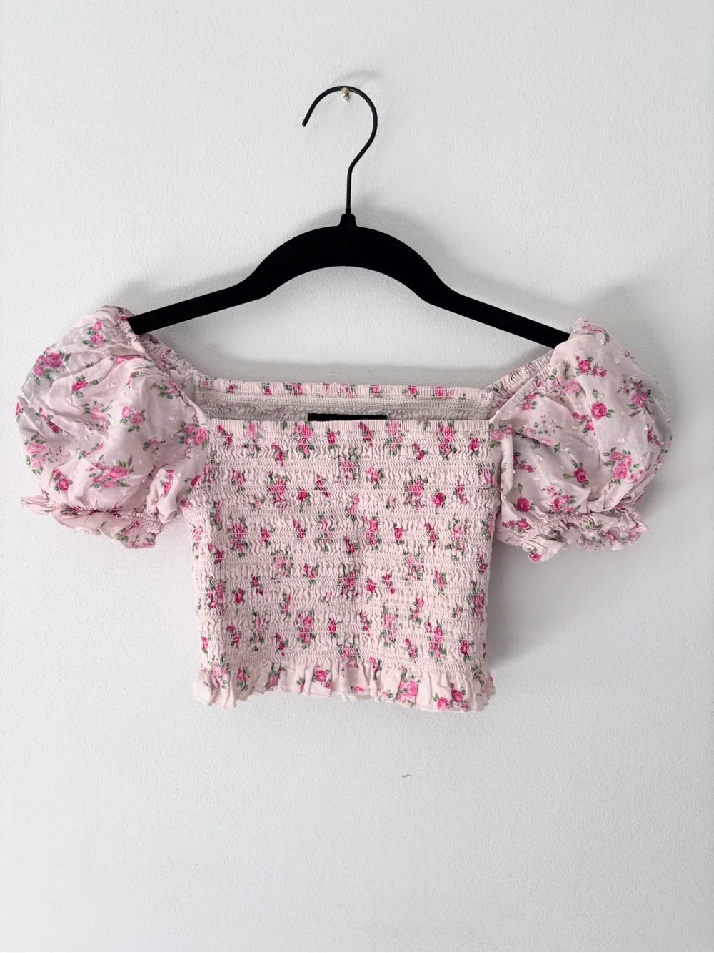 KatieJ NYC floral smocked crop top puff shirt girls small cream pink