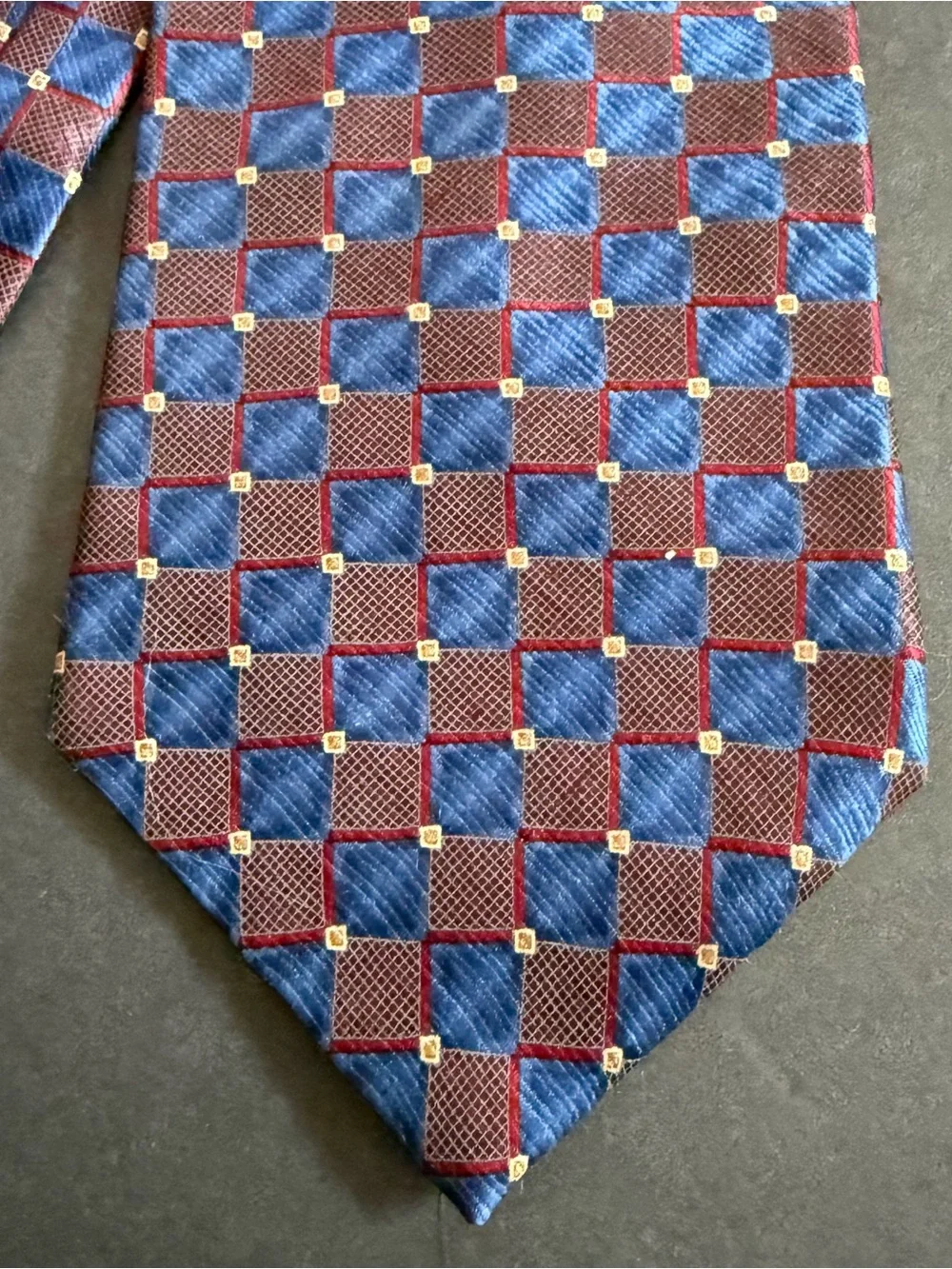 Silk Geometric Check Tie in Blue and Burgundy - Made in USA