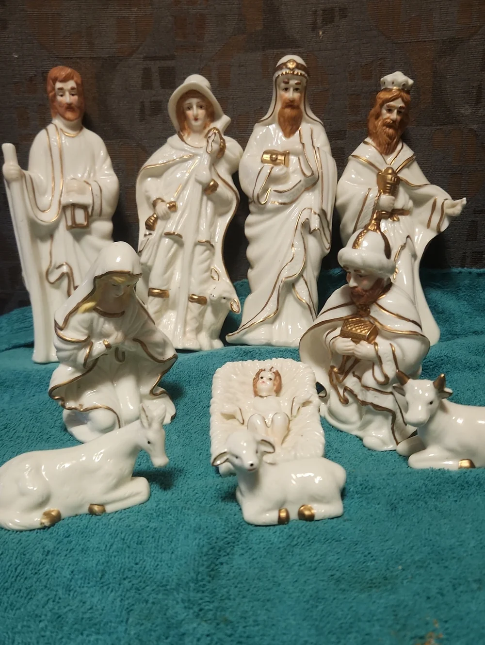 White Porcelain Nativity Set with Gold Trim