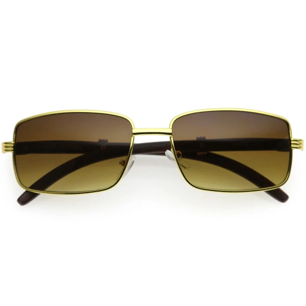 Gold Rectangle Sunglasses Brown Gradient Lens Wood Grain Temples UV400 Women New