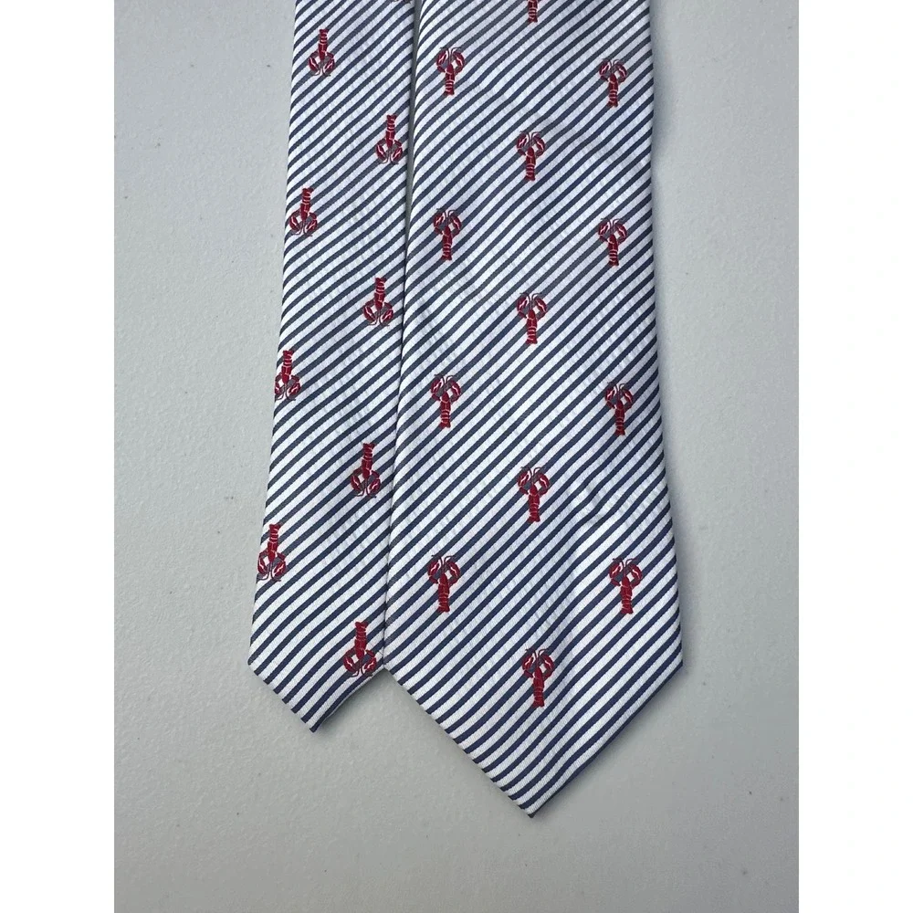 Merona Mens Silk Tie Navy Blue White Striped Red Lobster Nautical Coastal 57in