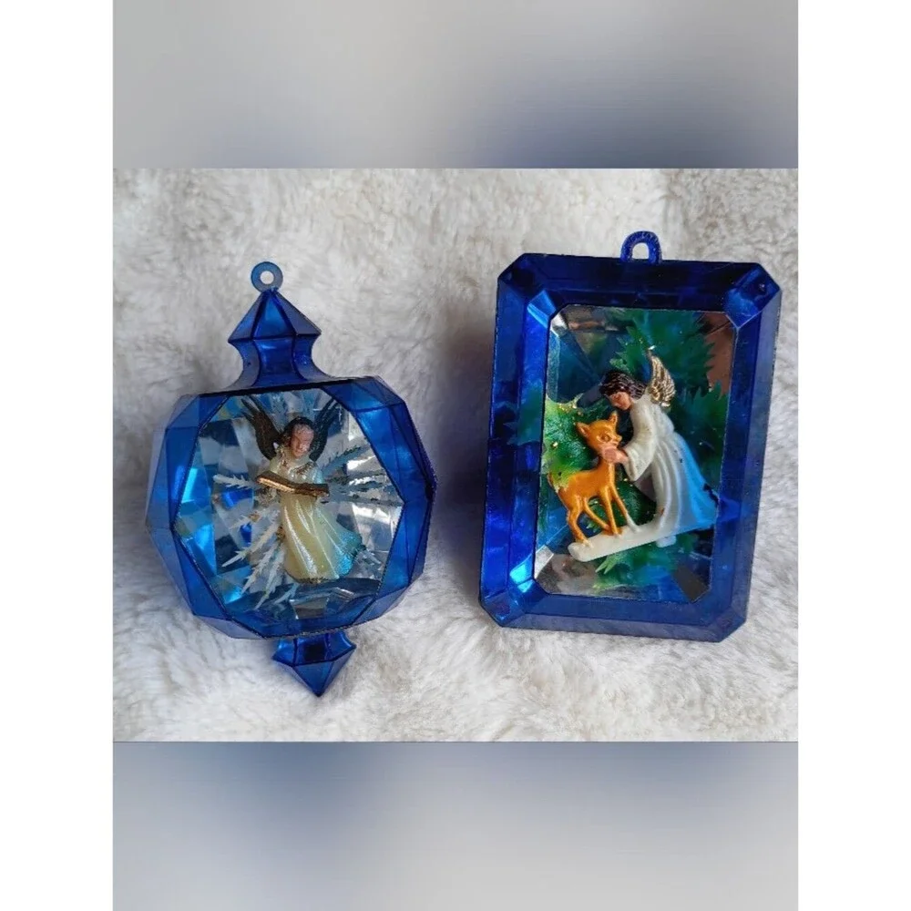 Vintage Jewel Brite 1960's Christmas Tree Ornaments Angels Plastic Diamond Shape