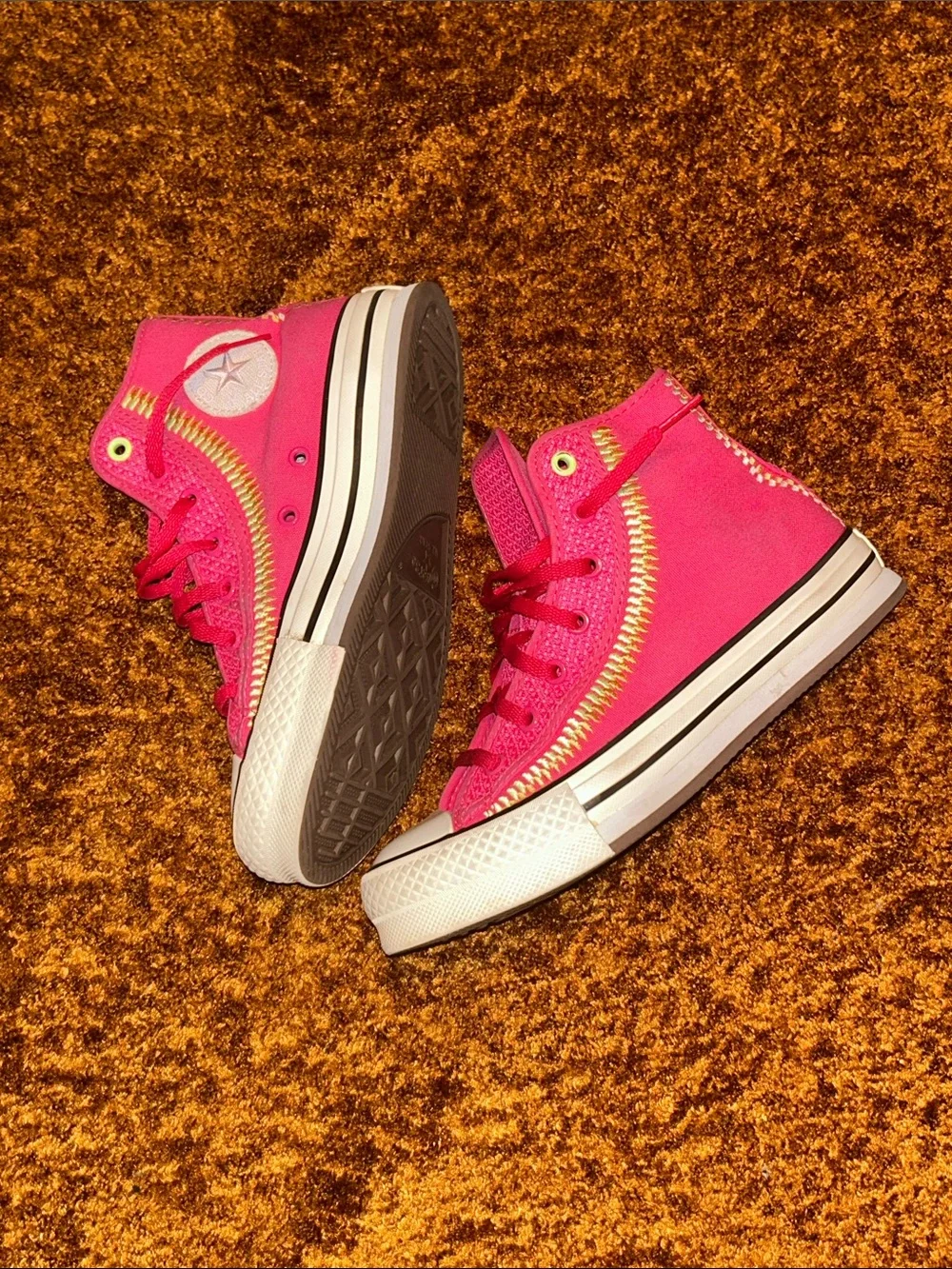 Converse Kids High-Top Sneakers in Hot Pink with Yellow Stitching