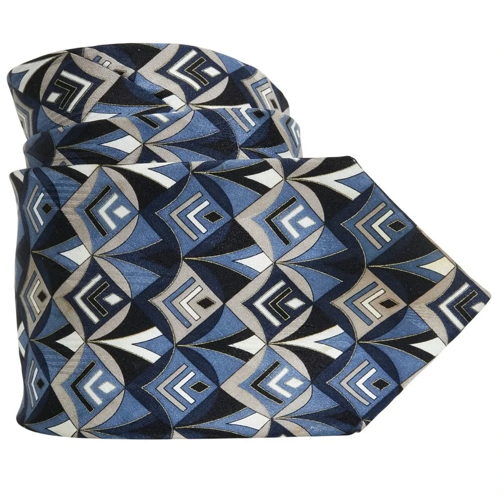 Courreges Homme Tie Mens Blue Geometric Art Deco Print Italian Silk
