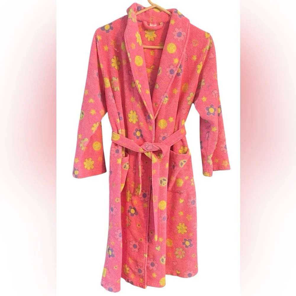 Girl's Ivy & Moon Vibrant Pink Peace Sign and Floral Print Sleepwear Robe