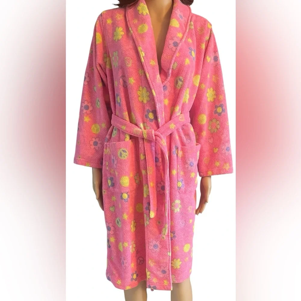Girl's Ivy & Moon Vibrant Pink Peace Sign and Floral Print Sleepwear Robe