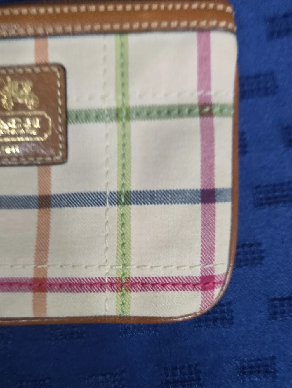 Coach Tattersall Canvas Wristlet with Tan Leather Trim