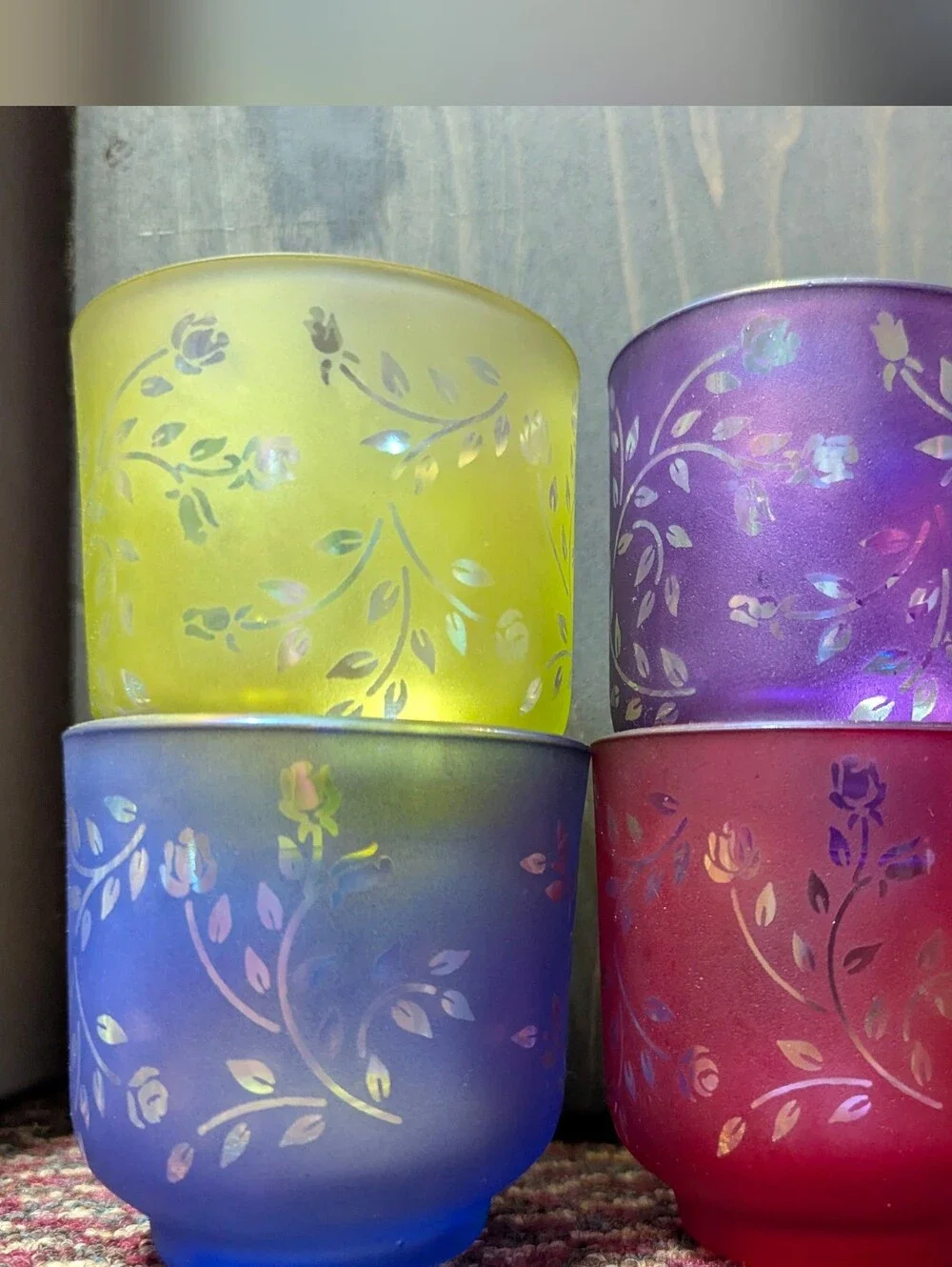 Vintage Floral Frosted Glass Votive Set - Yellow, Purple, Blue, Red