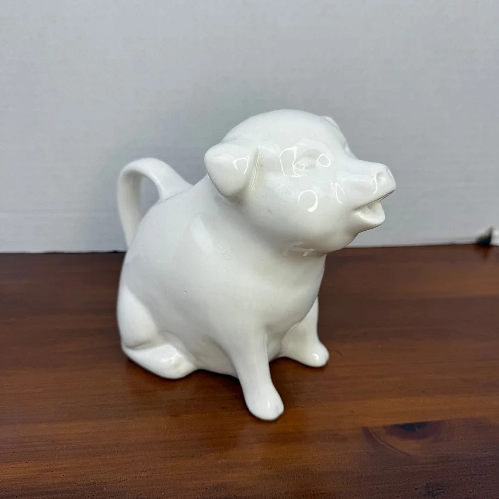 Vintage White Ceramic Pig Creamer Pitcher Sitting Figural Farmhouse Taiwan