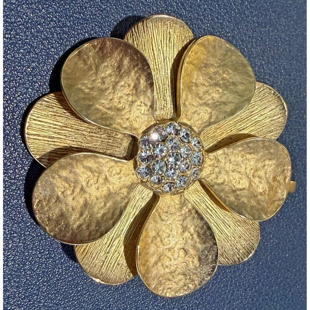 Vintage Gold Tone Flower Brooch Scarf Clip Clear Rhinestone Center