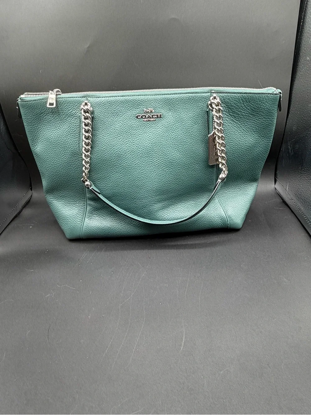 Coach Teal Leather Shoulder Tote with Silver Chain Handles
