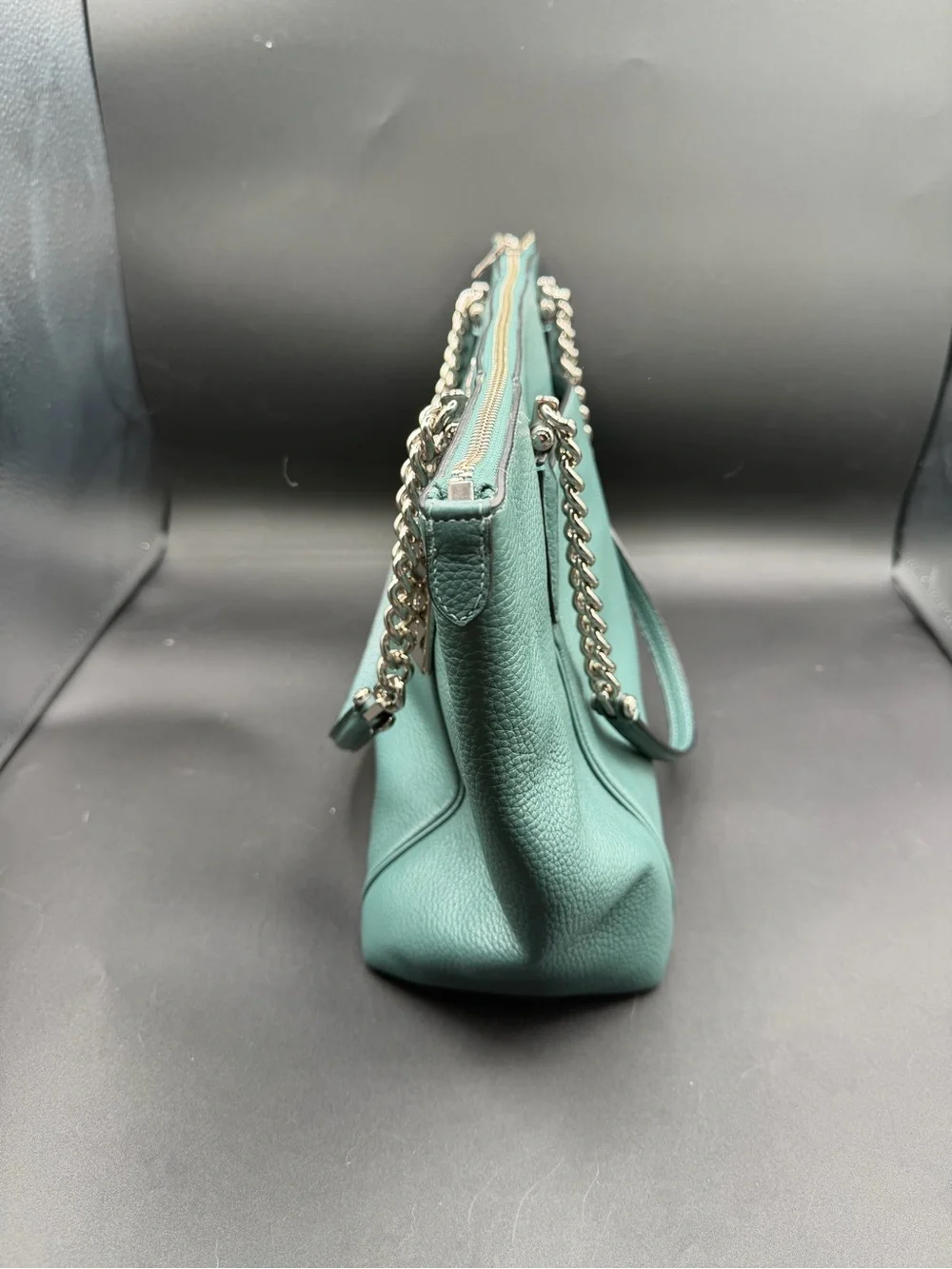 Coach Teal Leather Shoulder Tote with Silver Chain Handles