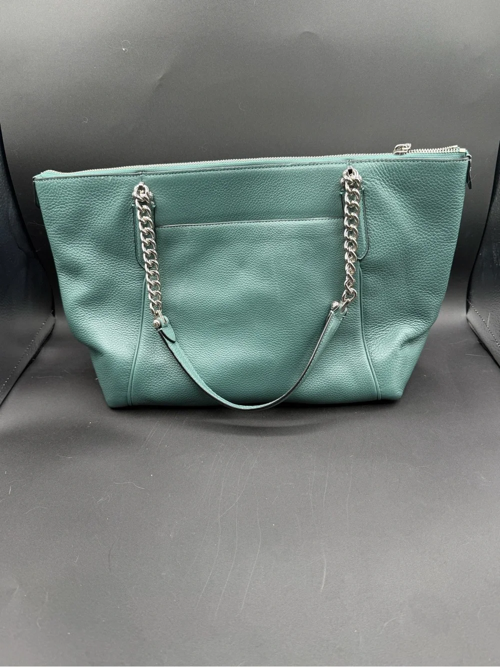 Coach Teal Leather Shoulder Tote with Silver Chain Handles