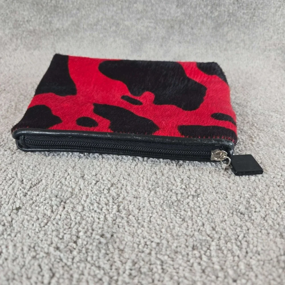 SB Pouch Red Black Cow Print Calf Hair Leather Cosmetic Bag Womens Small Size