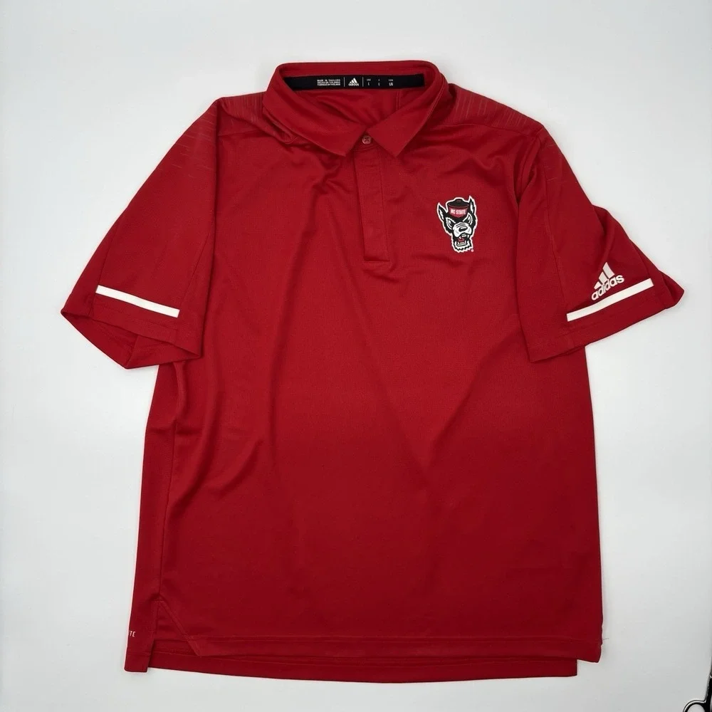 Adidas NC State Wolfpack Men L Polo Shirt Red Climalite Tuffy Mascot Golf NCAA
