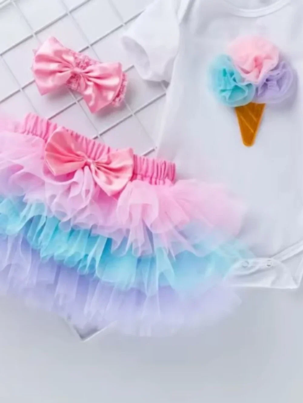 Rainbow Tutu Baby Set with Ice Cream Bodysuit and Bow