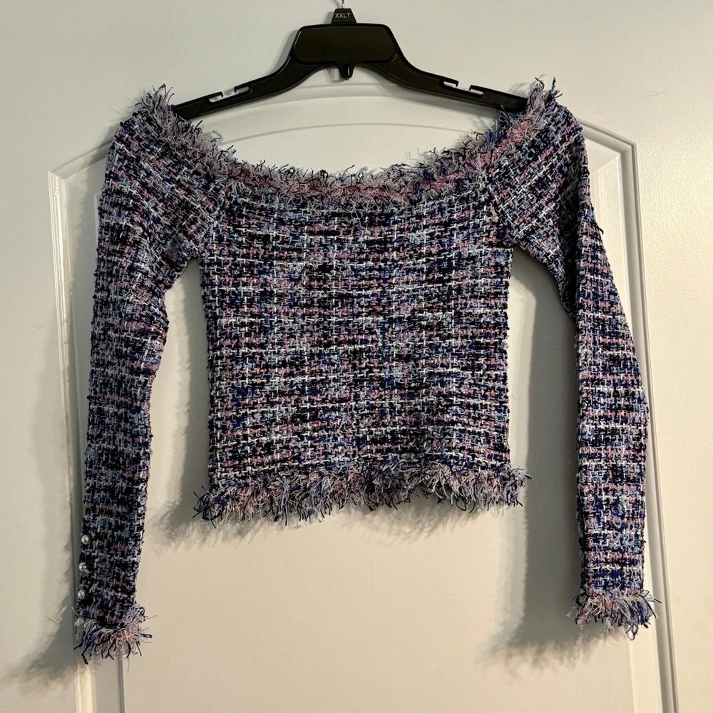 Zara Tweed Crop Top S Blue Pink Multi Off Shoulder Pearl Button Preppy Coquette