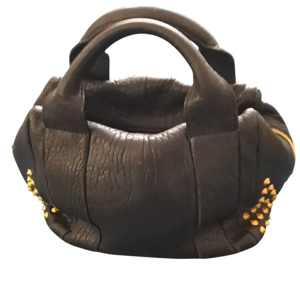 MCM Keana Boston Studded 2-Way Satchel Handbag Shoulder Bag Black Leather