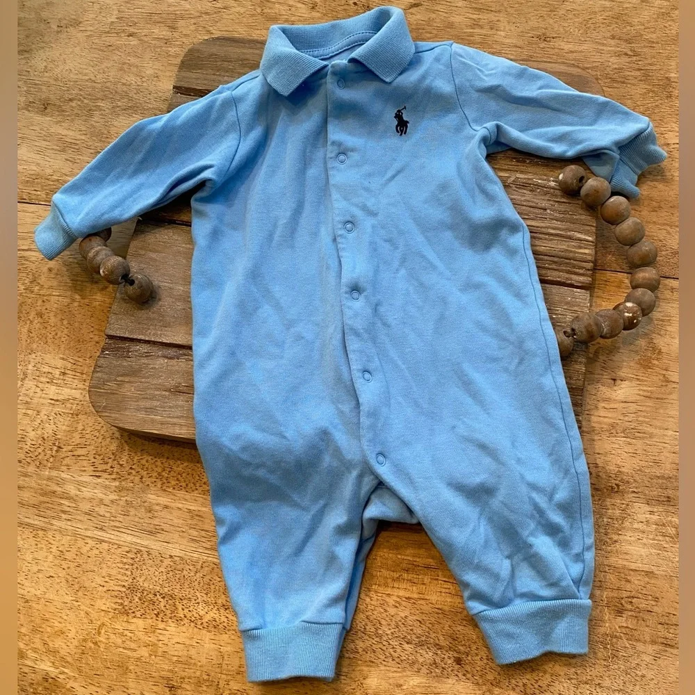 Polo by Ralph Lauren Infant‎ Size 3 Months  Light Blue Cotton Long Sleeve Romper