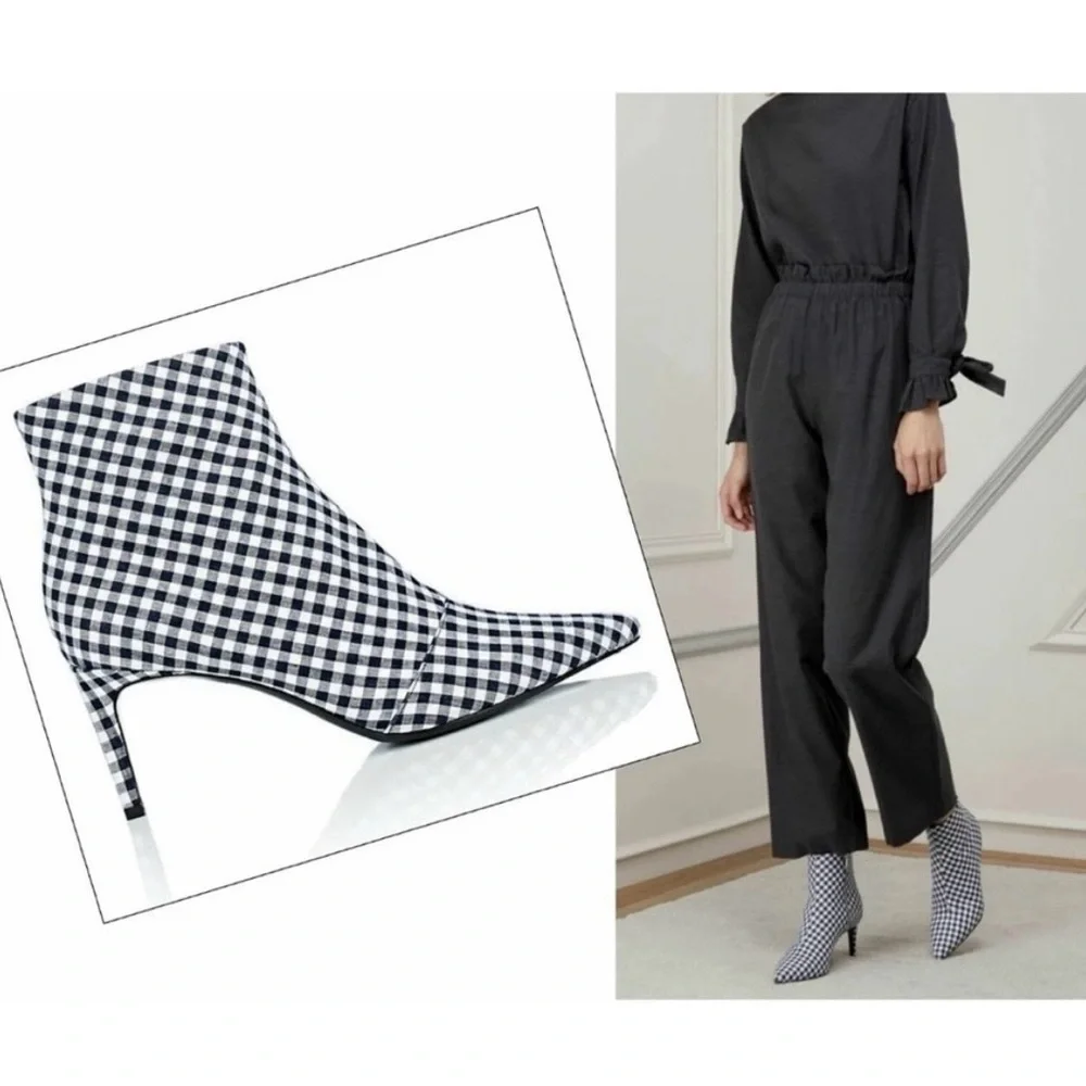 NWOB Rag & Bone Beha Gingham Pointed Toe Ankle Boots Navy White 8.5