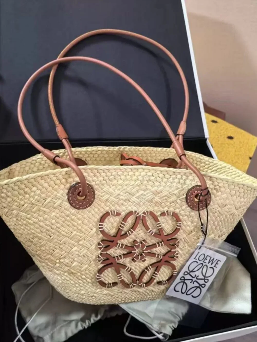 Loewe Anagram Leather Trim Raffia Open Top Tote Bag