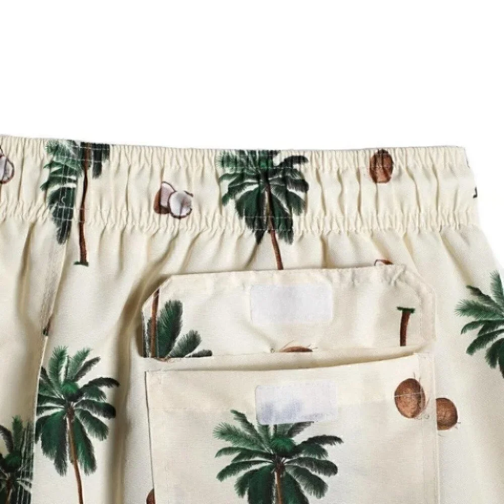 Cream Vacation Style Men's Coconut Tree Print Swim Trunks