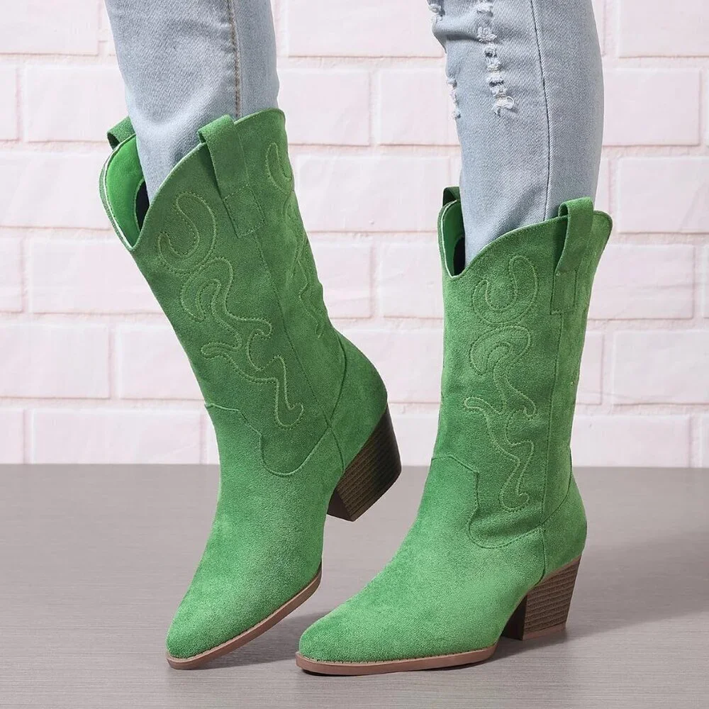 Women's Green Cowgirl Mid Calf Western Embroidery Stitched Chunky Heel Boots