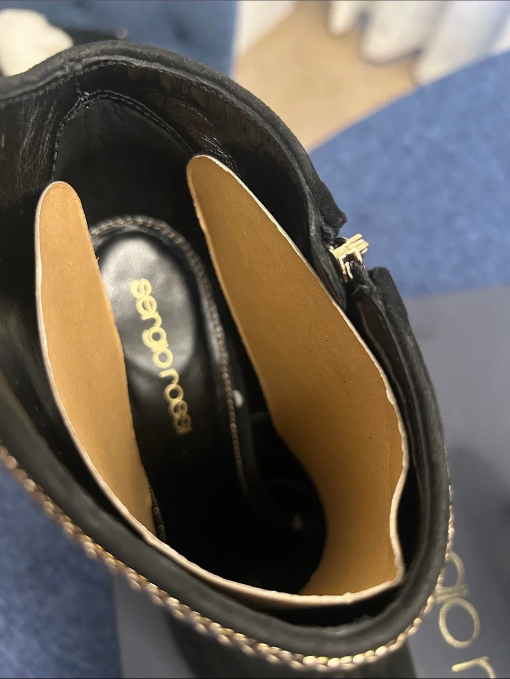 Sergio Rossi Black Suede Pointed Ankle Booties with Gold Trim