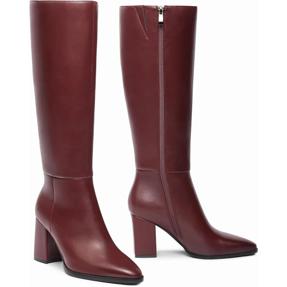 Women's Burgundy Classic Chunky Heel Pointed Toe High Heel Side Zipper Tall Boot