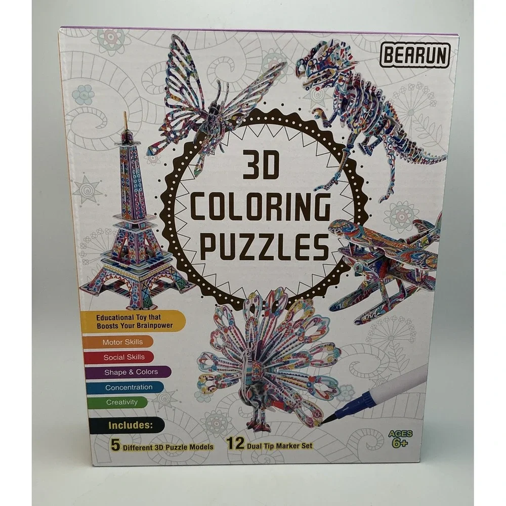 Bearun 3D Coloring Puzzles: Eiffel‎ Tower, Dinosaur, Peacock, Plane, More NIB
