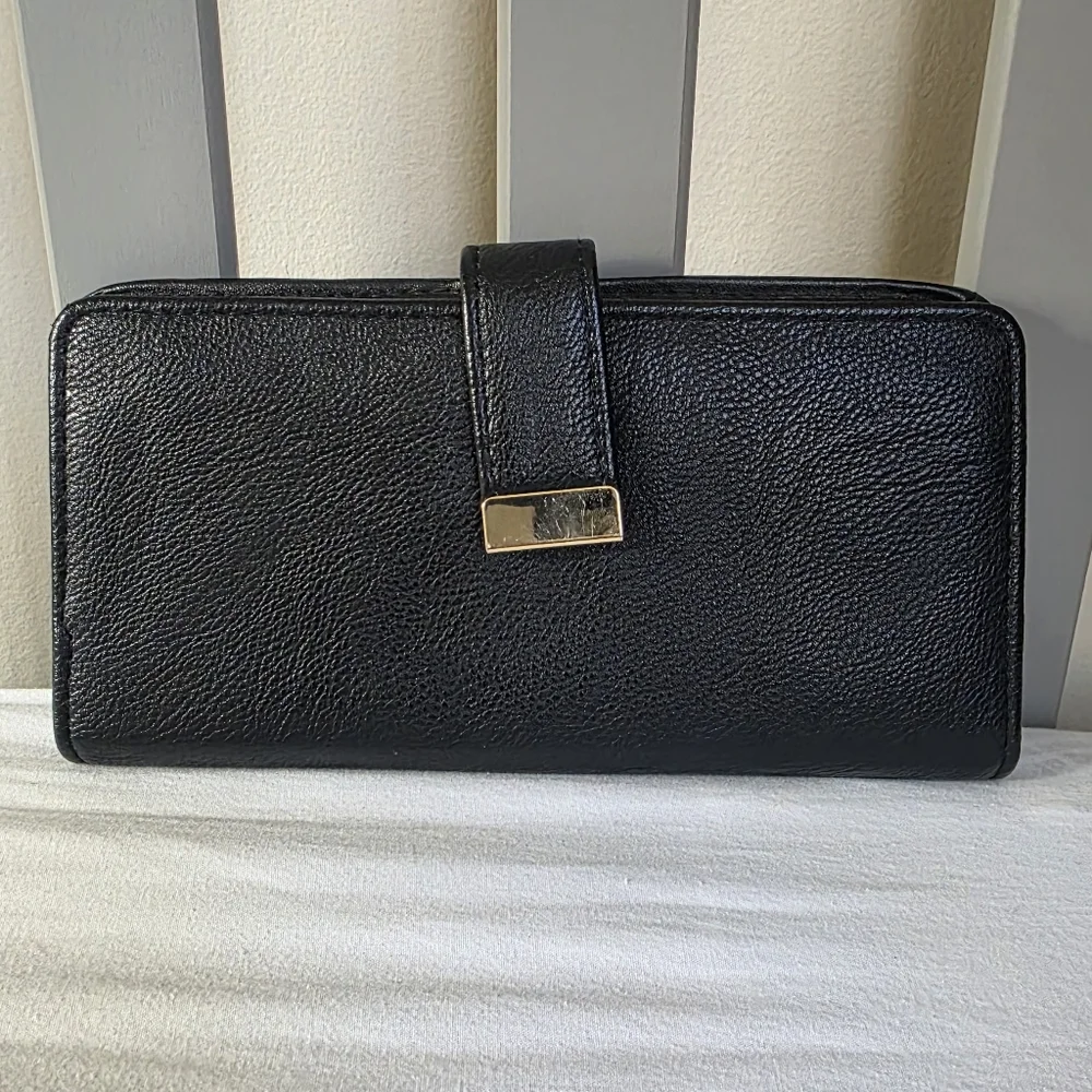 Black Faux Leather Bi Fold Wallet with Gold Snap Accent
