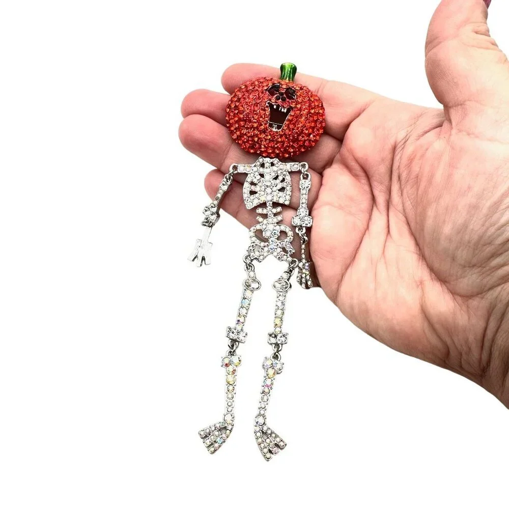 Kirks Folly Womens Brooch Jumping Jack Halloween Skeleton Pumpkin Silver Tone