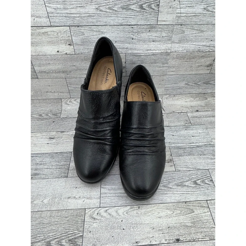 Clarks Collection Women Black Leather Ruched Shooties Block‎ Heel Size 8W