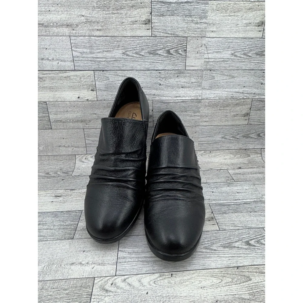 Clarks Collection Women Black Leather Ruched Shooties Block‎ Heel Size 8W