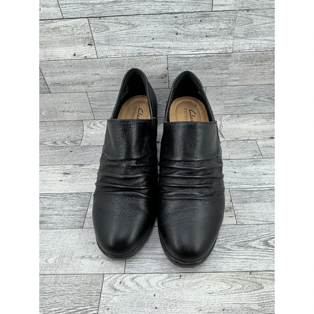 Clarks Collection Women Black Leather Ruched Shooties Block‎ Heel Size 8W